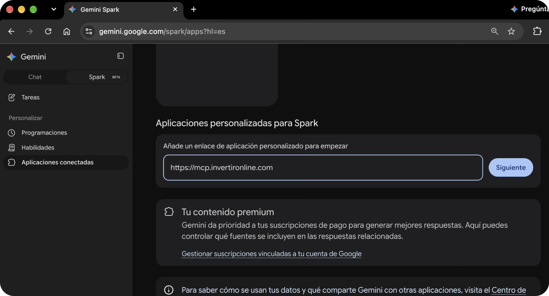 Agregar la URL del MCP de IOL como aplicación personalizada en Gemini Spark