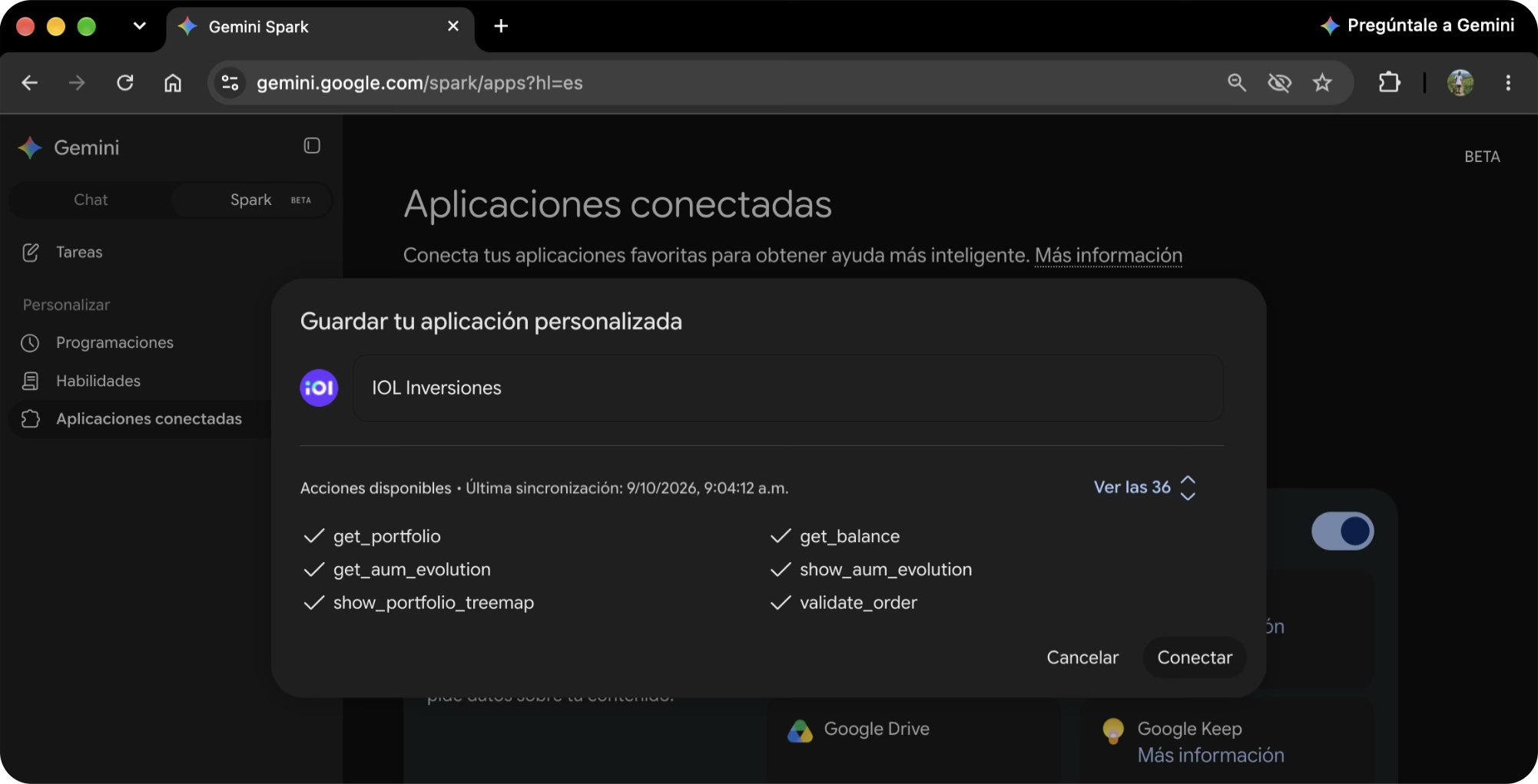 Confirmar la conexión del MCP de IOL en Gemini Spark
